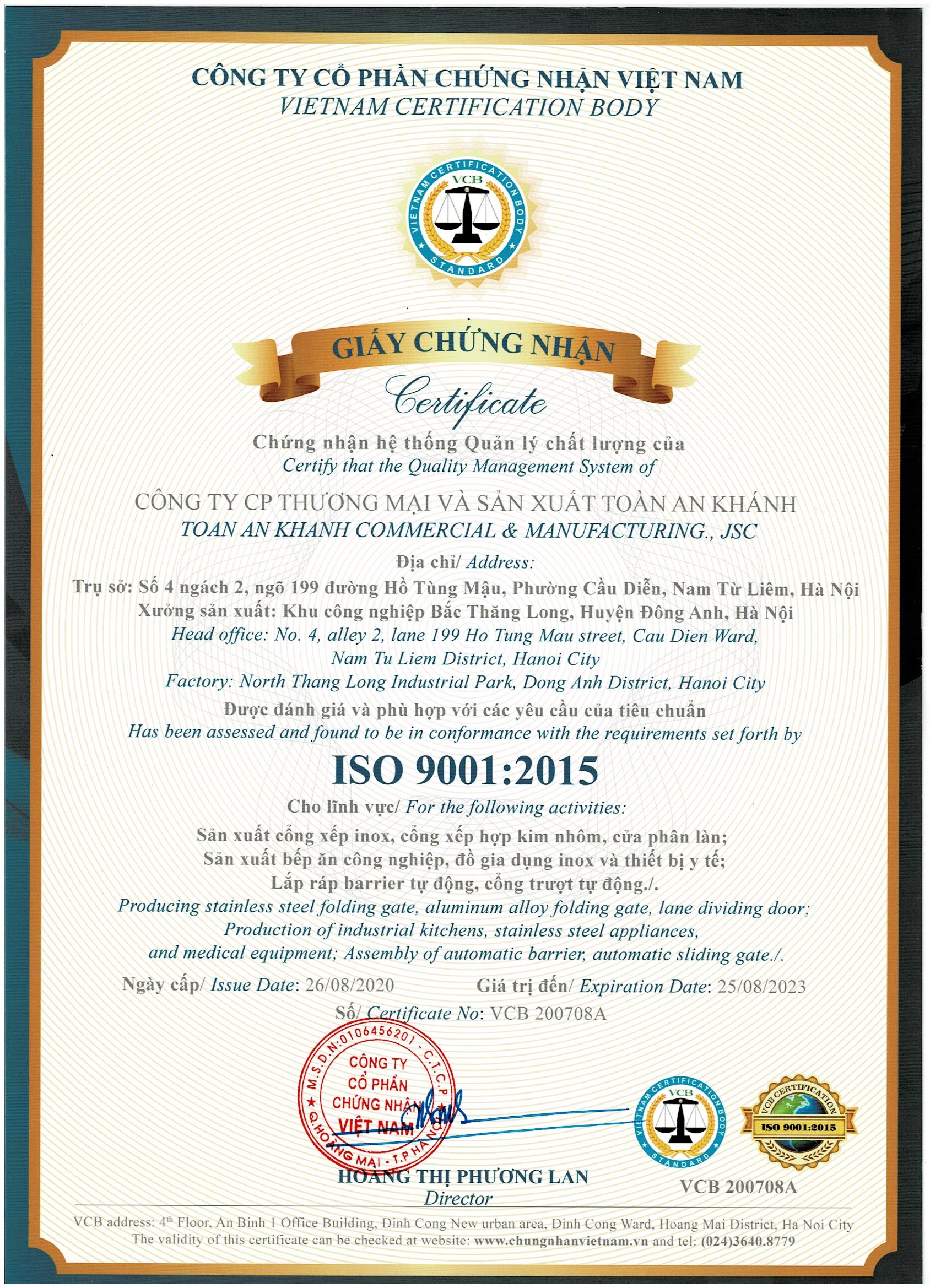 Toàn An Khánh đón nhận Chứng nhận hệ thống Quản lý chất lượng ISO 9001:2015